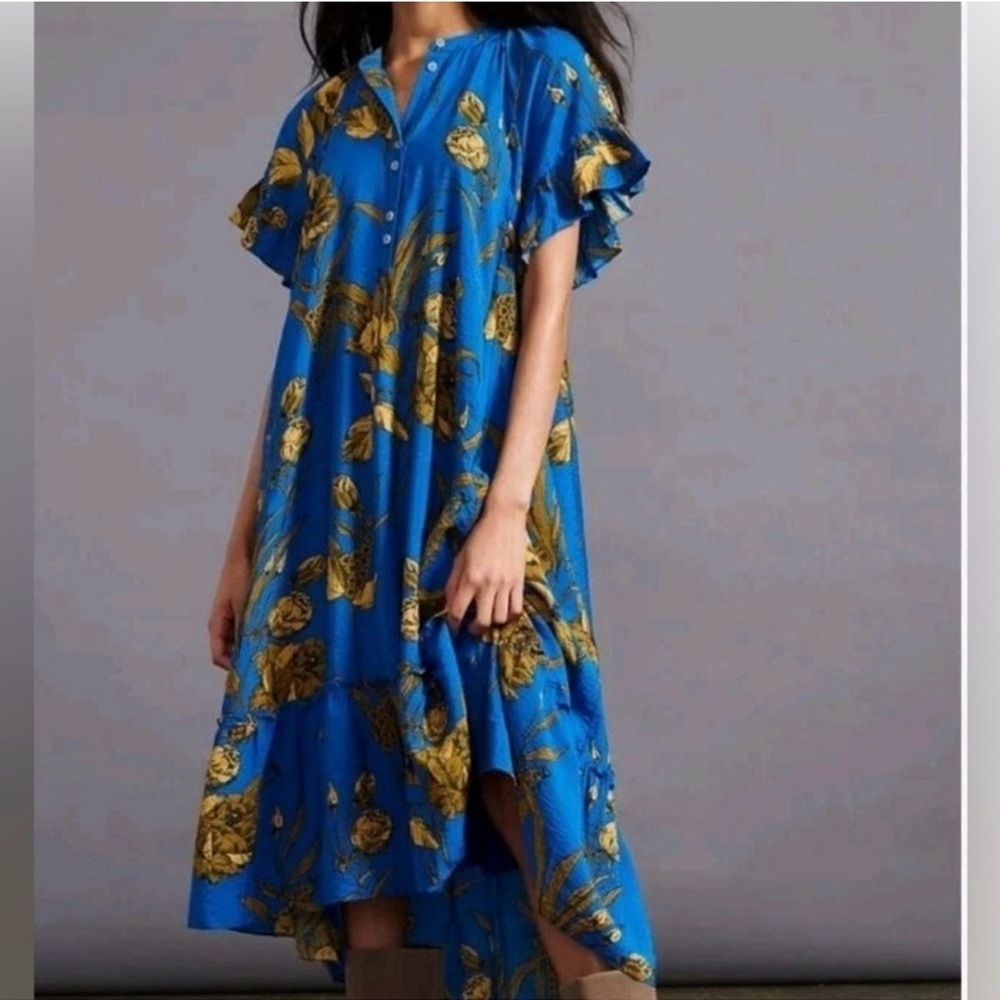 Anthropologie Blue and Gold High-Low Floral Dress